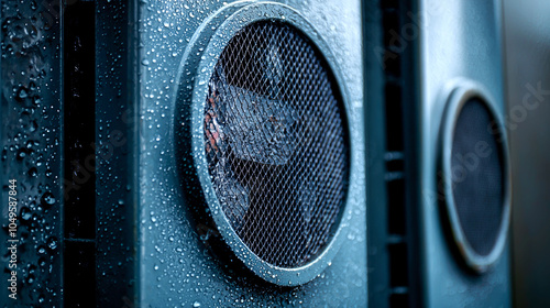 A close up of a metal speaker covered in water droplets after a rain shower.