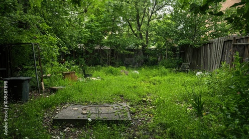 Overgrown Backyard Littered with Weeds and Debris