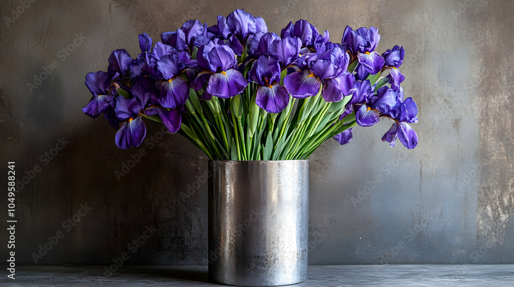 Cylindrical Silver Vase Displaying Purple Irises Surrounded by Lush Greenery on a Soft Background Cylindrical Silver Vase Displaying Purple Irises Surrounded by Lush Greenery on a Soft Background