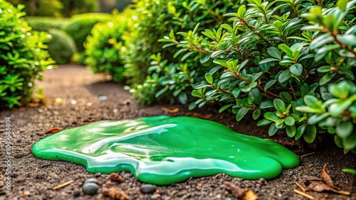 A small patch of slime on the ground near a khaki-colored bush with vibrant green leaves, outdoors, earthy, ground, khaki, foliage photo