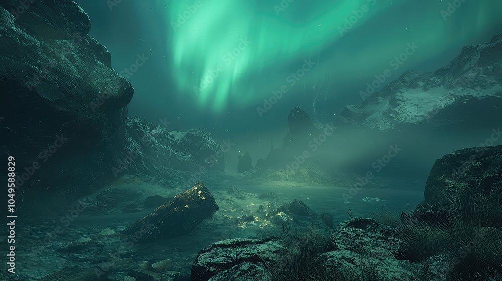 Obraz premium Majestic Northern Lights Dancing Over Rocky Landscape