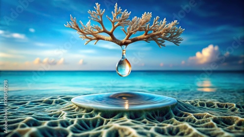 A single drop of water drips from the tip of a coral branch into a shallow ocean pool, droplet, coral photo