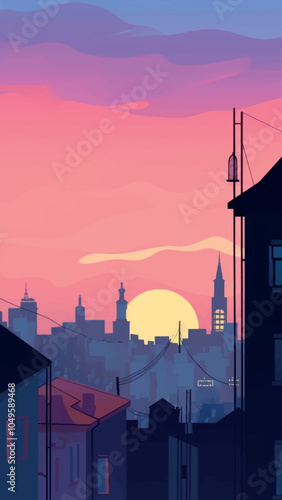 Serene urban sunset silhouette