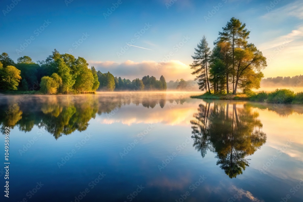 Obraz premium A serene and peaceful lake in the early morning, with mist rising from the water's surface and surrounding trees reflected in the calm lake, trees, reflection, mist