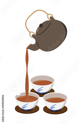 汲み出し茶碗に急須でお茶を回し注ぎするイラスト