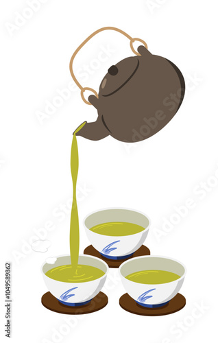 汲み出し茶碗に急須でお茶を回し注ぎするイラスト