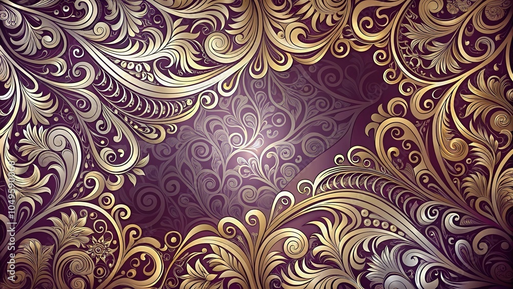 A rich plum-colored background with intricate, swirling patterns of silver and gold, abstract, luxurious, opulent A rich plum-colored background with intricate, swirling patterns of silver and gold, abstract, luxurious, opulent