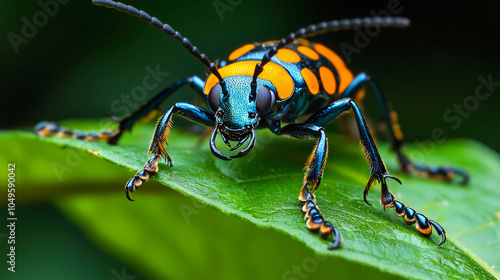 Wallpaper Mural A close-up of a colorful beetle with black, orange, and blue markings perched on a green leaf. Torontodigital.ca