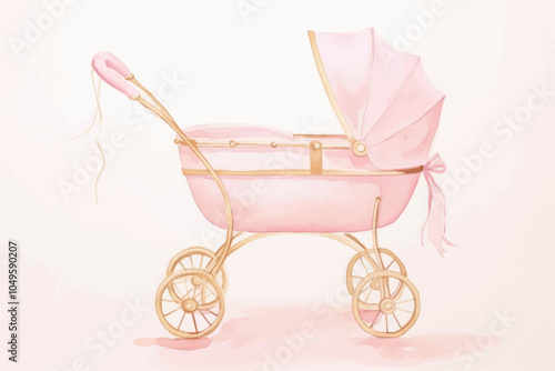 Vintage pink baby carriage illustration
