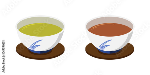 汲み出し茶碗にいれたお茶のイラストのセット