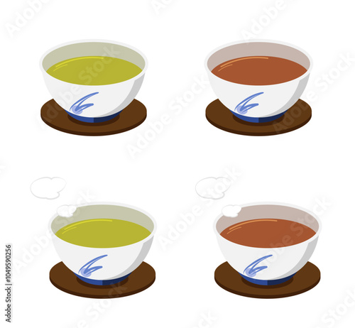 汲み出し茶碗にいれたお茶のイラストのセット