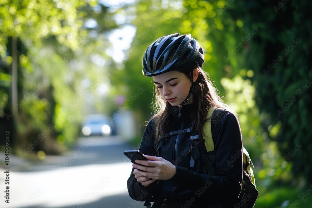 Young cyclist in gear checks phone on serene tree lined street, wearing a safety helmet Young cyclist in gear checks phone on serene tree lined street, wearing a safety helmet