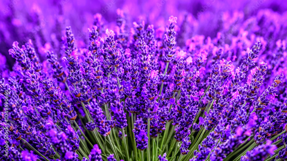 Obraz premium A close-up of a field of lavender flowers in bloom, showcasing their vibrant purple hues and delicate petals.