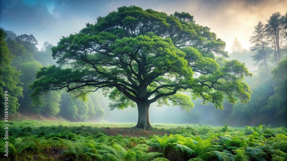 A majestic oak tree stands alone in a misty forest landscape surrounded by tall trees and ferns, trees, misty, tree silhouette, landscape photography A majestic oak tree stands alone in a misty forest landscape surrounded by tall trees and ferns, trees, misty, tree silhouette, landscape photography