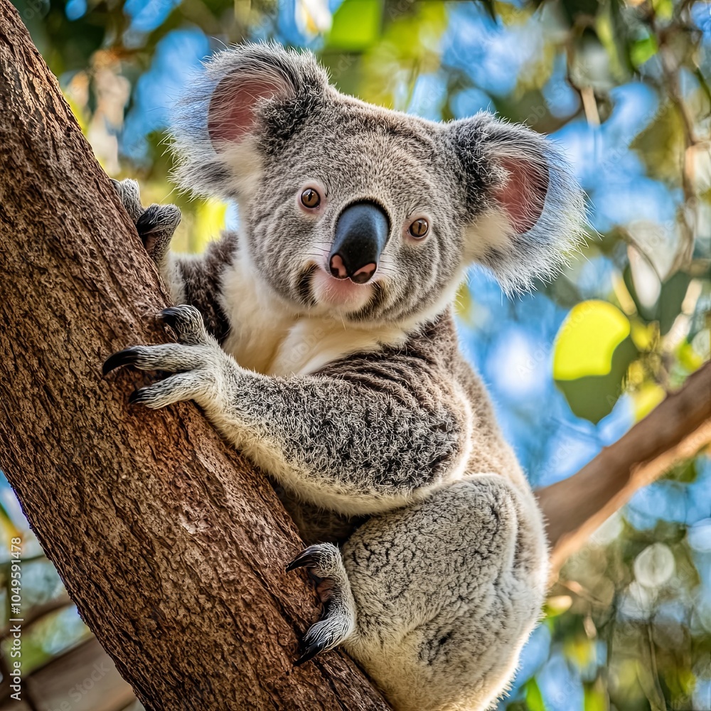 Obraz premium Koala on the smooth bark of a big branch under the leaves of a eucalyptus tree in Magnetic Island, Townsville, Queensland, Australia