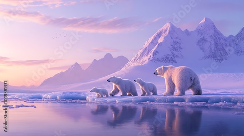 Polar bears on icy landscape at sunset
