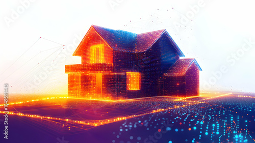 Cartoon-Style Digital House Surrounded by Flowing Code and Geometric Shapes in a Futuristic Setting