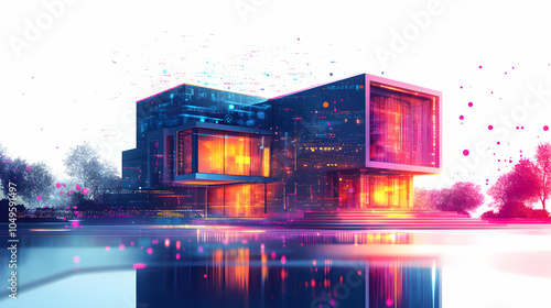 Cartoon-Style Digital House Surrounded by Flowing Code and Geometric Shapes