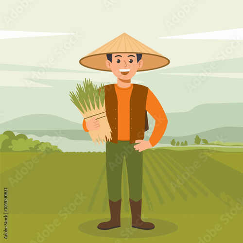 Smiling farmer holding a bundle of crops in the field.