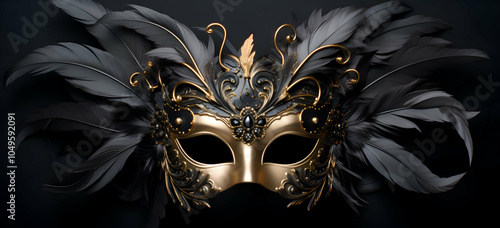 Venetian mask with feathers and jewels on a black background