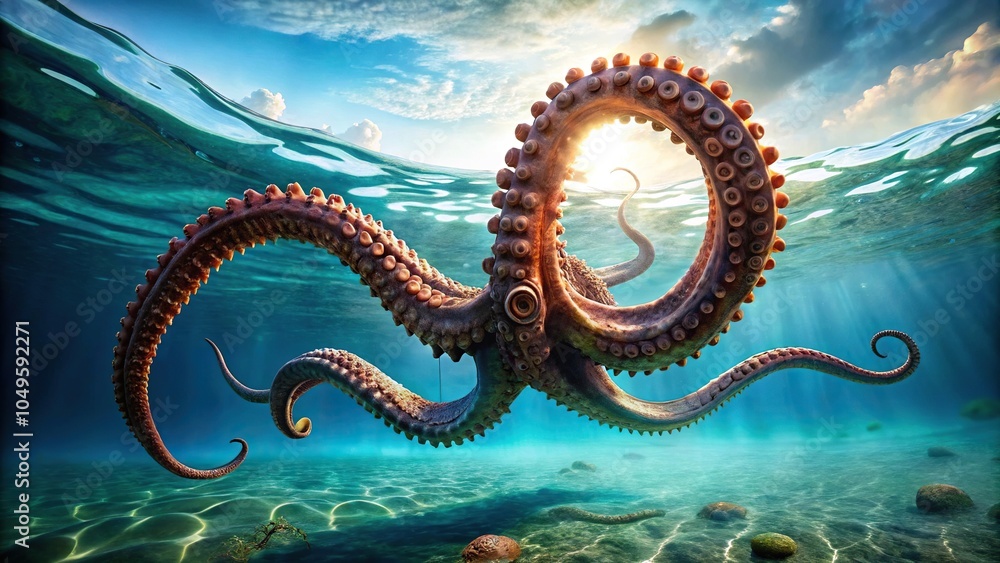 A giant aquatic creature's tentacles stretching out of the water, aquatic creature, underwater, marine animal, ocean beast, sea monster A giant aquatic creature's tentacles stretching out of the water, aquatic creature, underwater, marine animal, ocean beast, sea monster