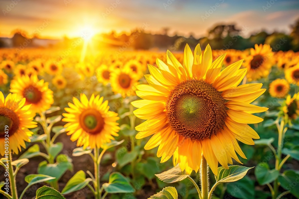 Fototapeta premium A field of vibrant yellow sunflowers standing tall in the warm sunlight., natural, sunny, wildflowers, landscape