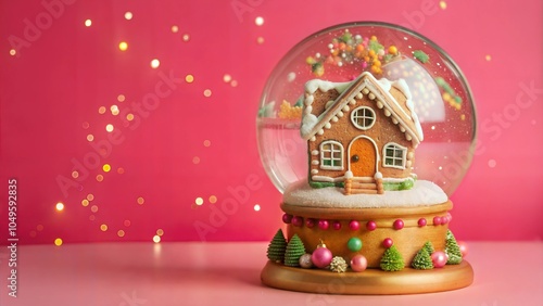 Gingerbread house snow globe on pink background, festive holiday decoration.