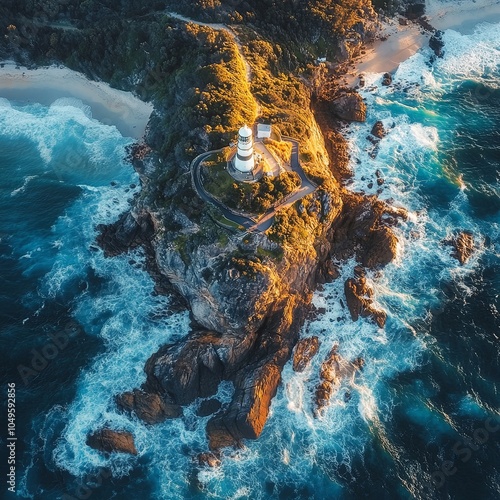 Byron Bay lighthouse and the pass high on the rocky headland - the most eastern point of Australian continent facing Pacific ocean in elevated aerial seascape above coast. photo