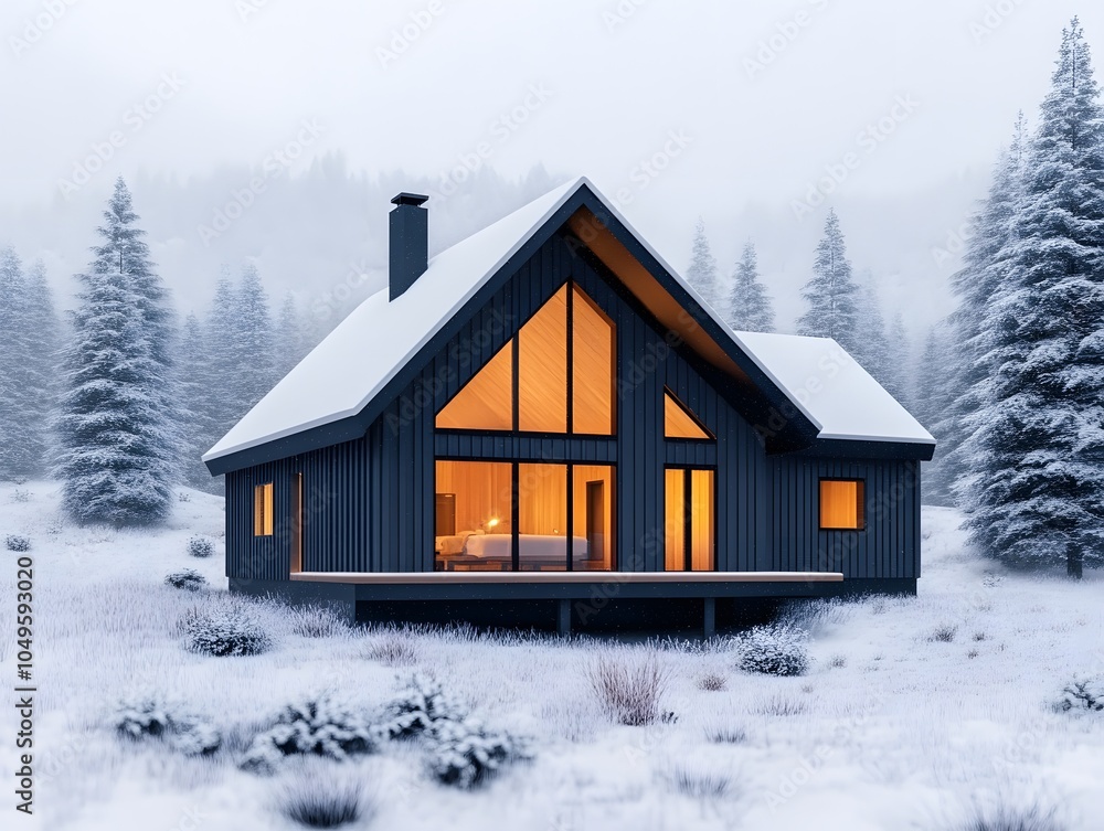 Cozy Cabin in Snowy Winter Landscape