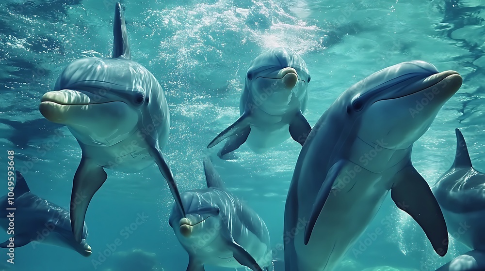 Obraz premium Beautiful Dolphins Swimming Together in Crystal Clear Ocean Waters Photo