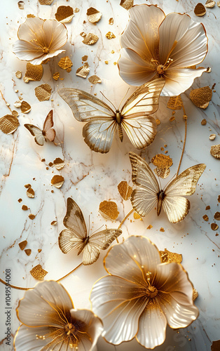 3D white and gold butterflies