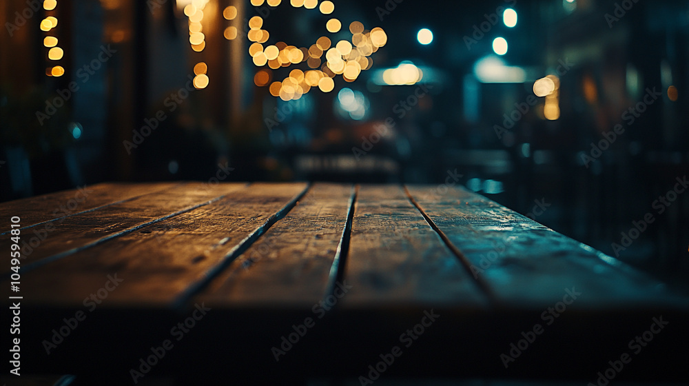 A rustic wooden table illuminated by soft lights at an outdoor café during a quiet evening A rustic wooden table illuminated by soft lights at an outdoor café during a quiet evening