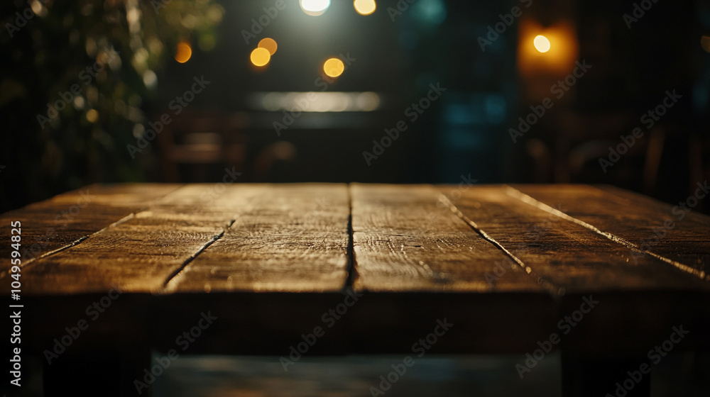 Rustic wooden table illuminated by warm lights in a cozy outdoor setting at night Rustic wooden table illuminated by warm lights in a cozy outdoor setting at night