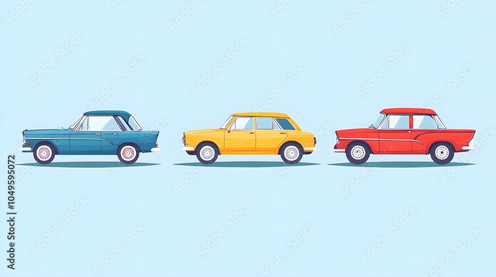 Fototapeta premium Classic Car Illustration Set Vintage Automobiles in Blue Yellow and Red