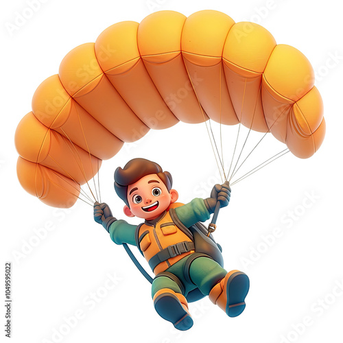 3d man jumping with a parachute on a transparent background.