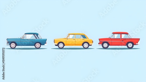 Classic Car Illustration Set Vintage Automobiles in Blue Yellow and Red