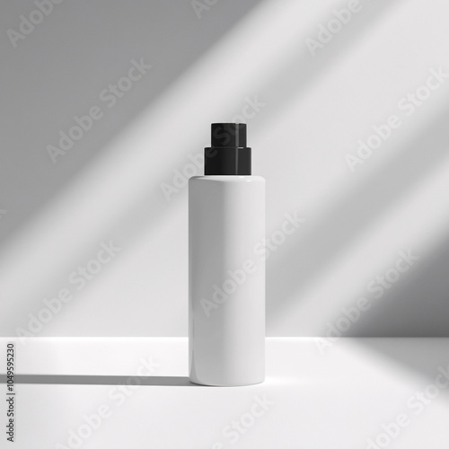 white cosmetic spray bottle with black lid on white table with sunlight shadows