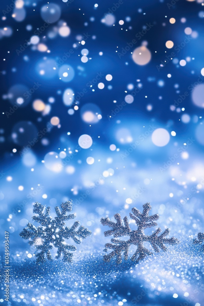 Bright Snowflakes and Glitter on Light Blue Blurred Backdrop Bright Snowflakes and Glitter on Light Blue Blurred Backdrop