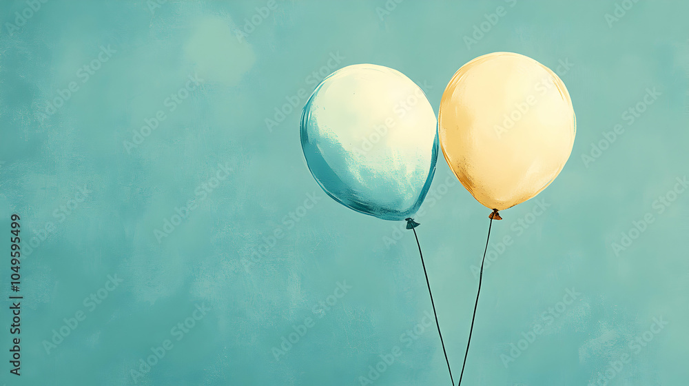 Obraz premium Muted Yellow and Pale Blue Balloon Illustrations on a Soft Background