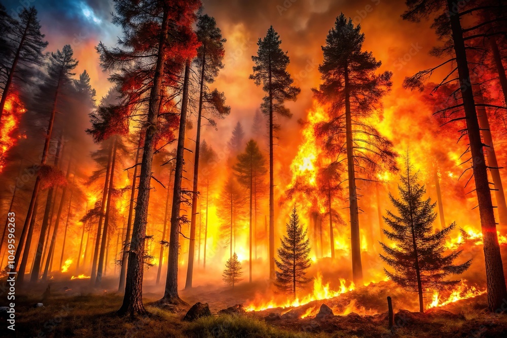 A blazing inferno with burning flames engulfing a darkened forest landscape, charred trees, firewood, blaze A blazing inferno with burning flames engulfing a darkened forest landscape, charred trees, firewood, blaze