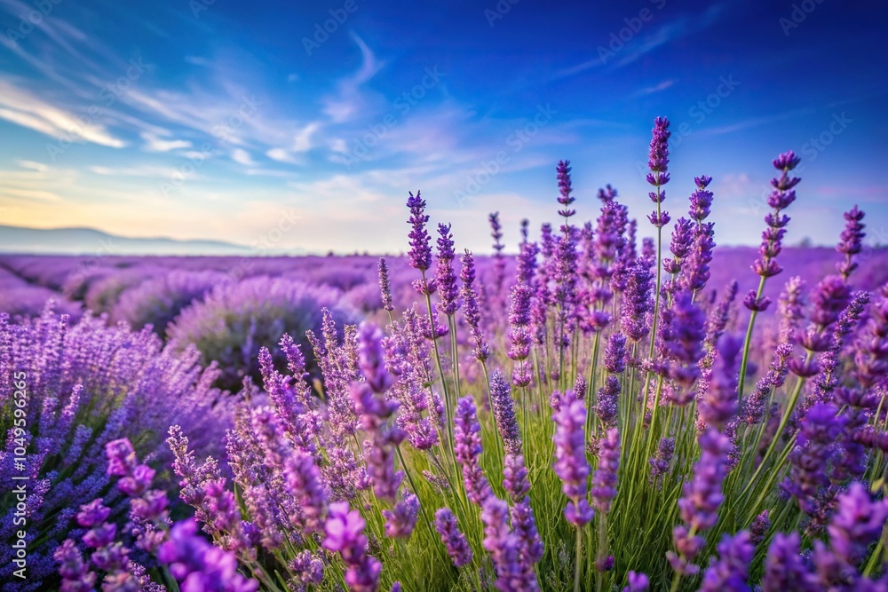 Obraz premium A beautiful lavender field with tall purple flowers swaying gently in the breeze against a clear blue sky, nature scene, purple flowers, blooming flowers, herbes, countryside