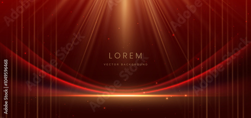 Abstract elegant red curved ray with gold lighting effect sparkle on dark red background.