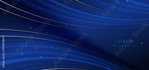 Abstract elegant blue curve and gold line with lighting effect sparkle on blue background.