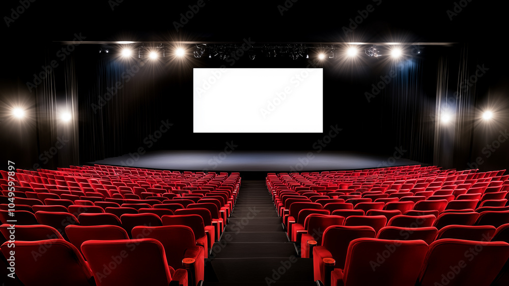 Fototapeta premium Modern Cinema Theater with Empty Screen and Red Seats
