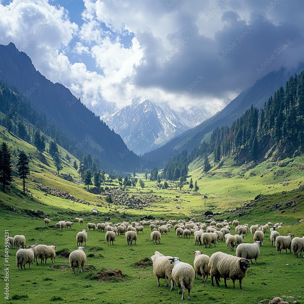 Fototapeta premium Herd (flock) of sheep in the valley, against cloudy sky at Danger Pora, Khansahib Tehsil, Jammu and Kashmir, India. Summer holidays, Kashmir heaven on earth.