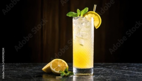 gin fizz drink with black background garnished with lemon