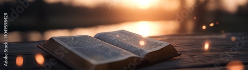 Open book on a wooden table at sunset, surrounded by glowing dust particles, creating a warm and serene atmosphere. photo