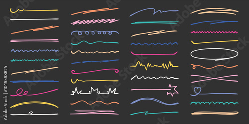 Set of colorful underlines and strikethrough doodle lines set. Doodle line collection.