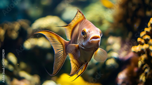 A close-up shot of a brown and orange fish with large fins swimming in a freshwater aquarium.