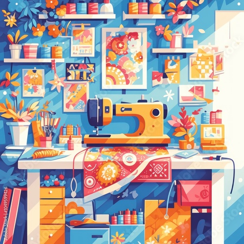 Colorful Sewing Room Illustration